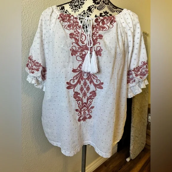 Anthropologie Solitaire White Boho Peasant Top with Rose Embroidery - Picture 2 of 10